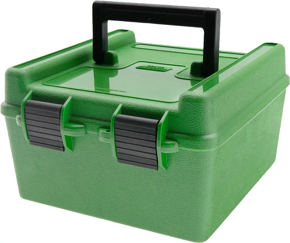 Коробка MTM R-100 на 100 патронов кал. 22-250 Rem; 243 Win; 6 mm BR Norma; 6,5x55; 6,5x284 Norma; 7,62x39; 30-30 Win; 308 Win; 30-06; 8x57 JRS; 9,3x74 R. Цвет – зеленый.