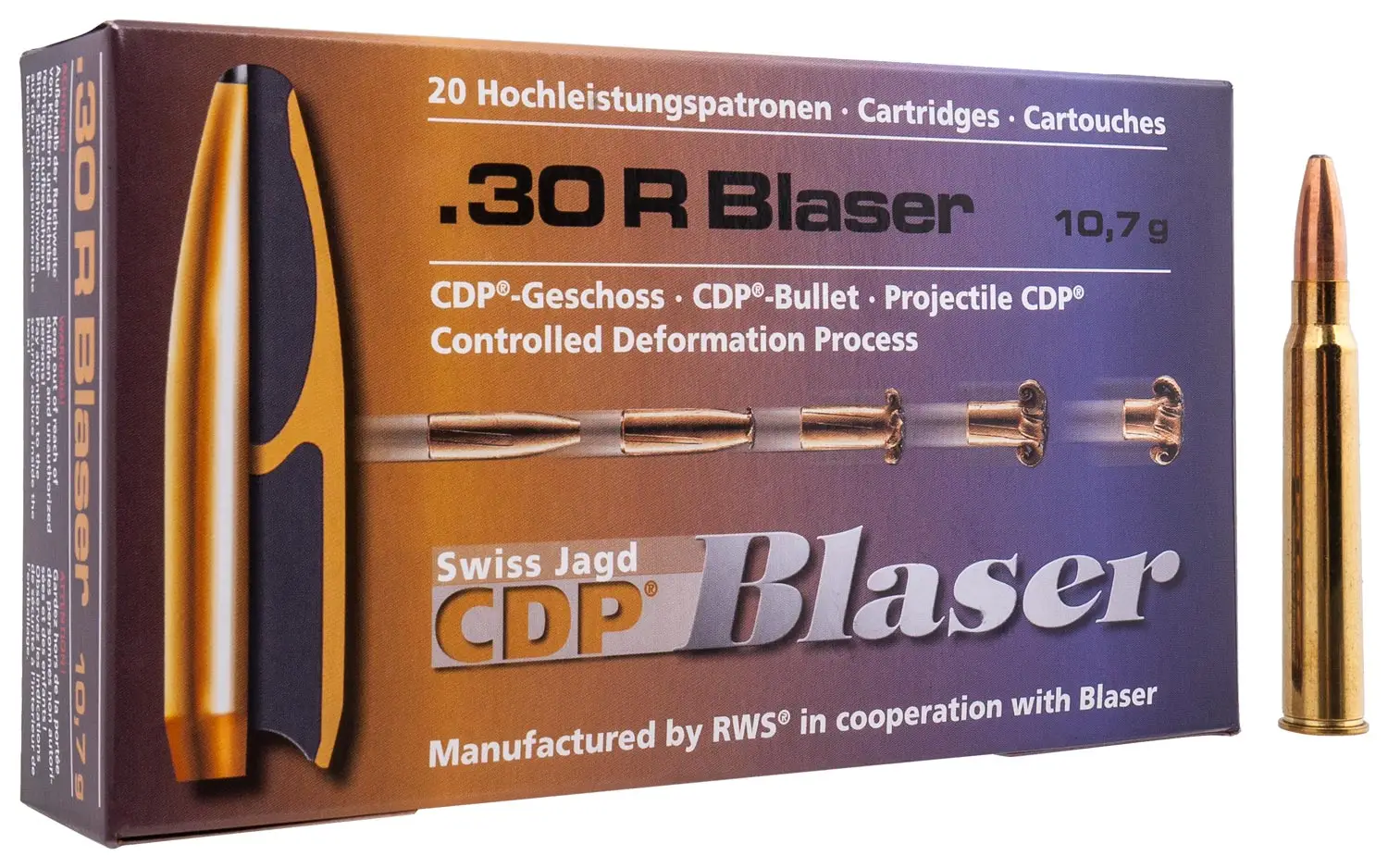 Патрон Blaser кал. 30 R Blaser пуля CDP масса 10,7 грамма/ 165 гран