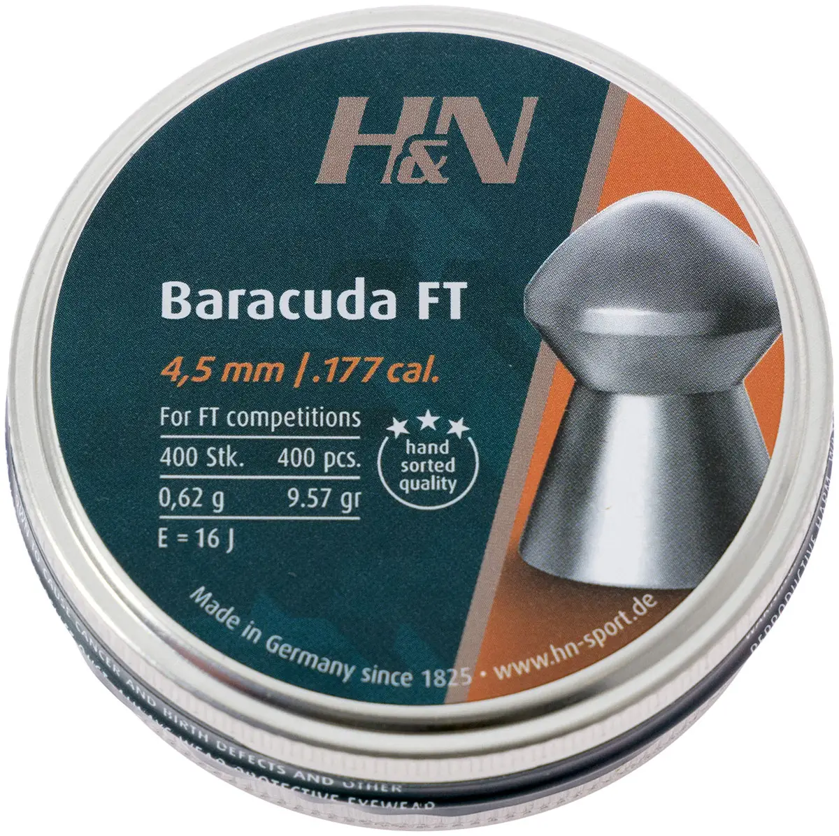 Пули пневматические H&N Baracuda FT. Кал. 4.51 мм. Вес - 0,62 г. 400 шт/уп