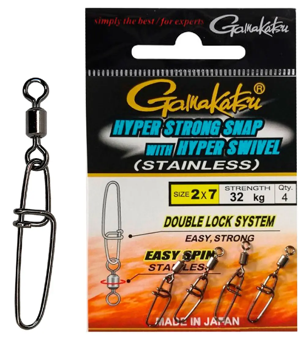 Вертлюжок с застежкой Gamakatsu Hyper Strong Snap With Hyper Swivel №4 63kg (4шт/уп) ц:black