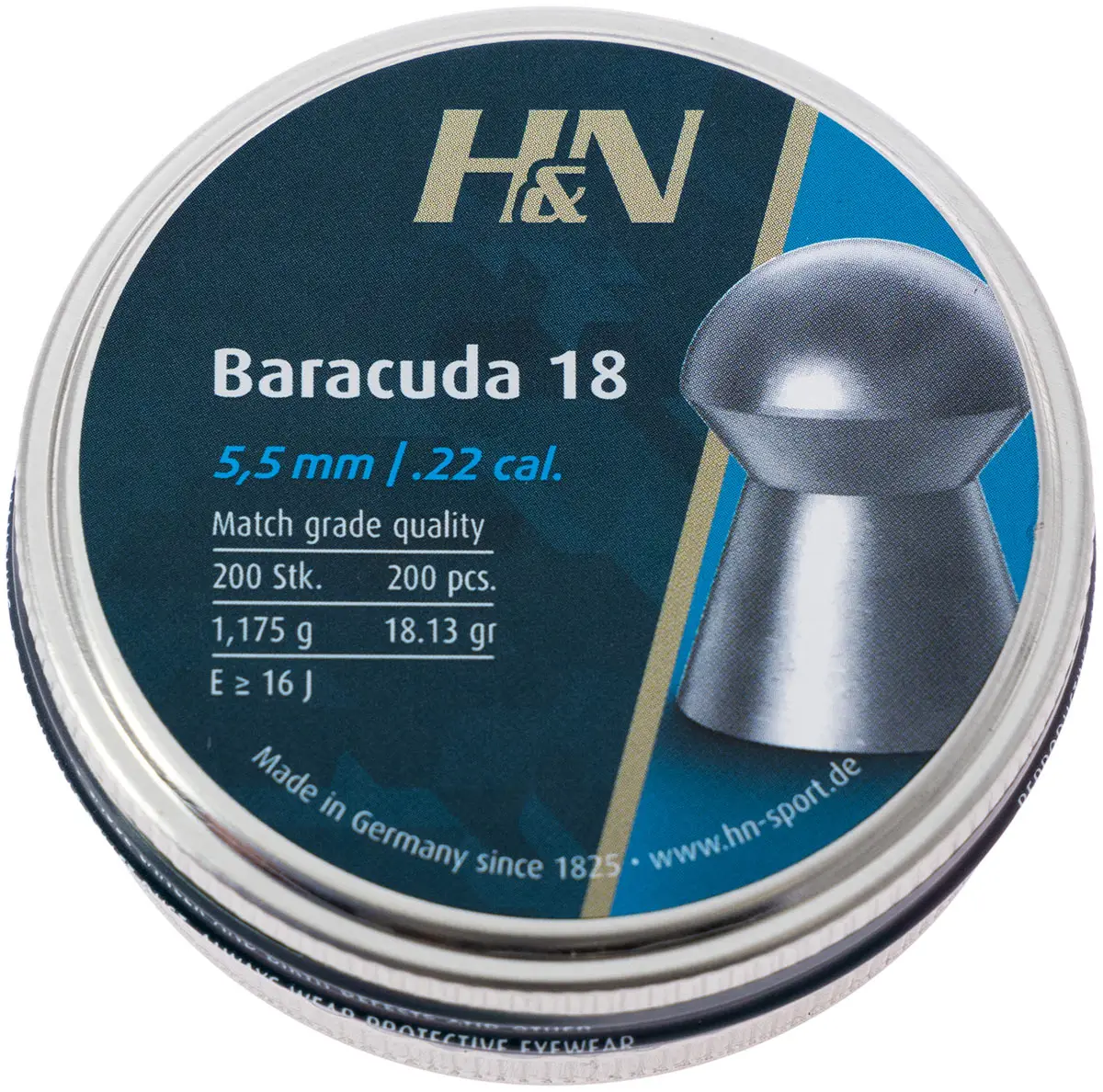 Пули пневматические H&N Baracuda 18. Кал. 5.52 мм. Вес - 1.175 г. 200 шт/уп