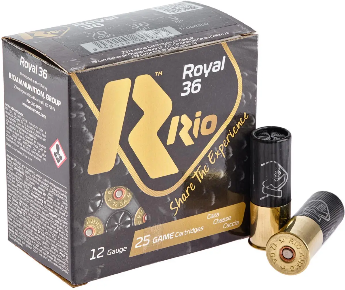 Патрон RIO Royal 36 кал. 12/70 дробь № 2/0 (4,50 мм)  навеска 36 г нач. скорость - 400 м/с