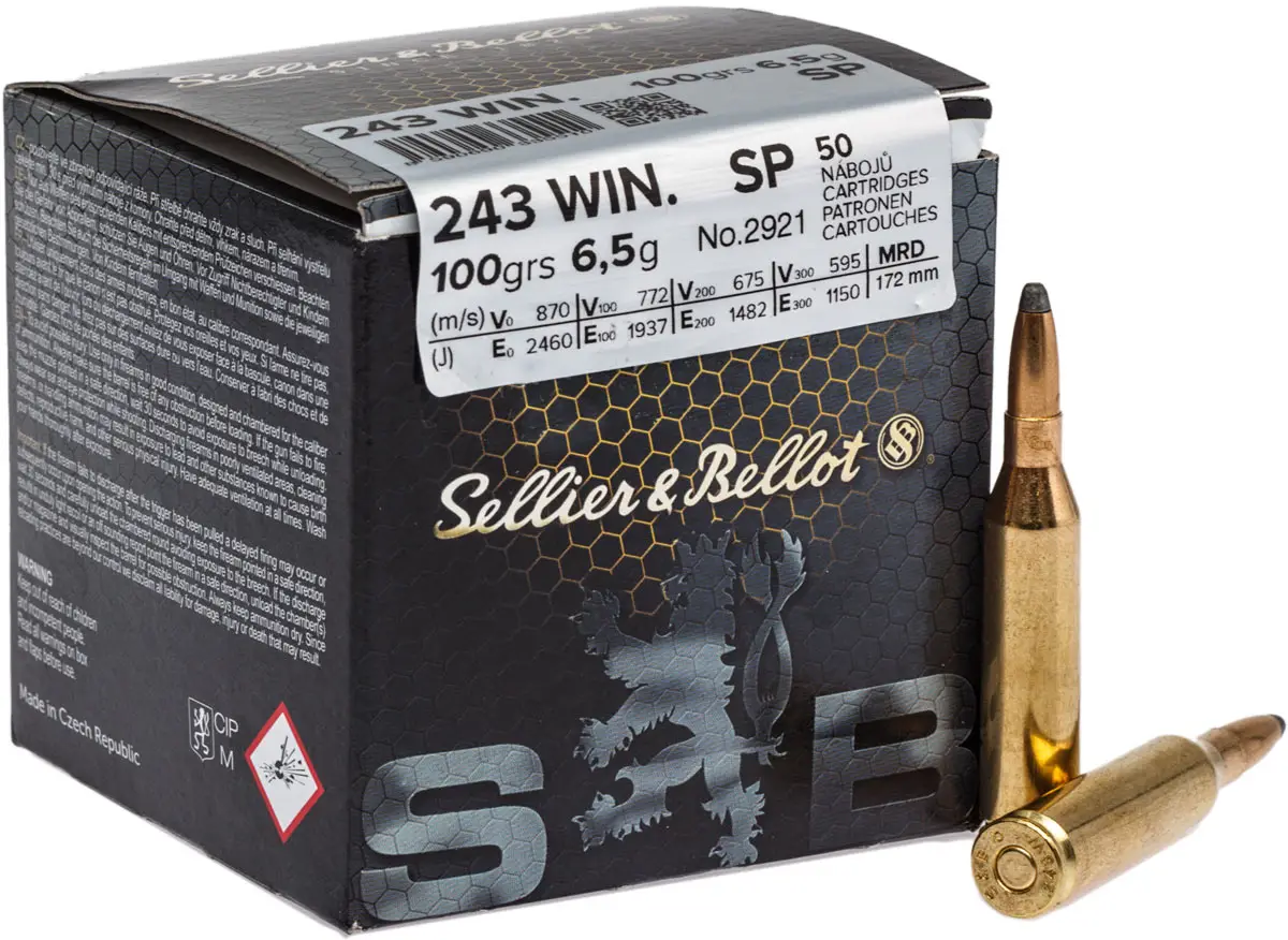 Патрон Sellier & Bellot кал. 243 Win куля SP маса 6,5 г/100 гр