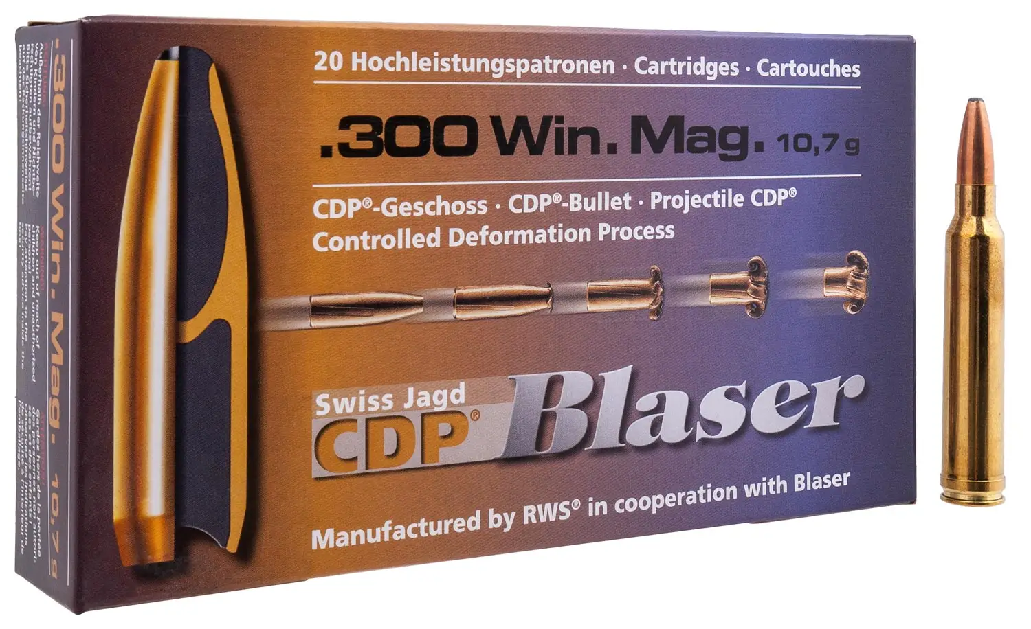 Патрон Blaser кал. 300 Win Mag пуля CDP масса 10,7 грамм/ 165 гран
